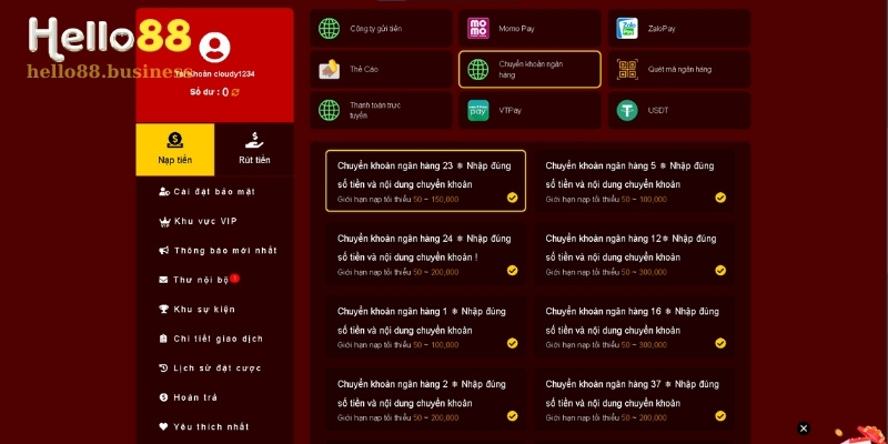 Nạp Tiền Hello88 Bằng Tài Khoản Ngân Hàng Nhanh Chóng